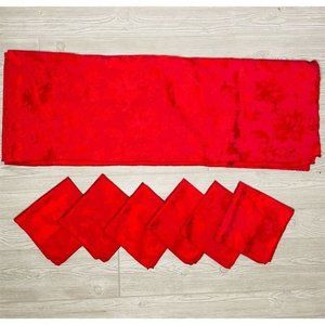 Red poinsettia Christmas table cloth and 6 napkins table linens roughly 52 x 80”